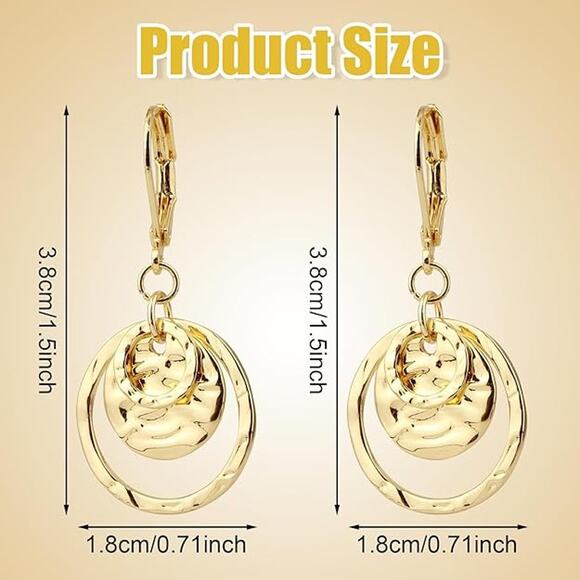 Gold Disc Leverback Circle Dangle Drop Earrings for Women, - Picture 2 of 5